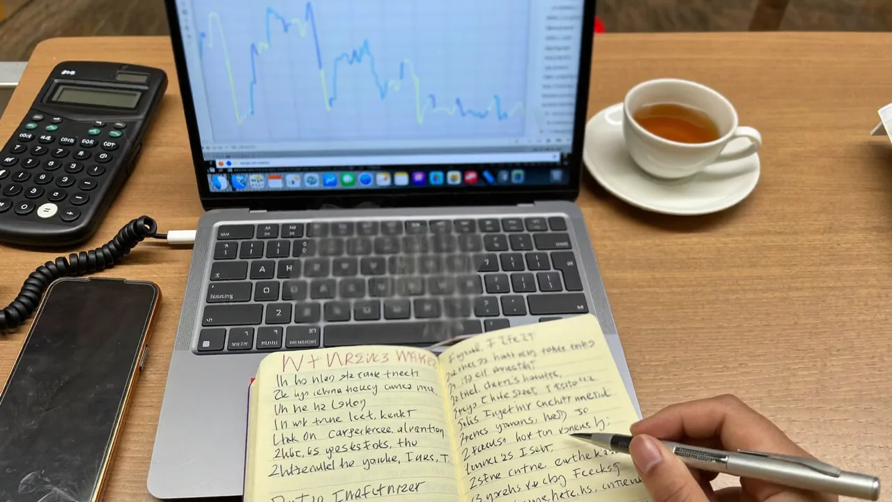 Un bureau vu de dessus : ordinateur, calculatrice, tasse de thé et carnet de notes.